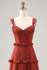 Terracotta Lace Corset Long Wedding Guest Dress with Ruffles