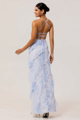 Blue Floral Chiffon Spaghetti Straps Long Wedding Guest Dress with Ruffles