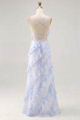 Blue Floral Chiffon Spaghetti Straps Long Wedding Guest Dress with Ruffles