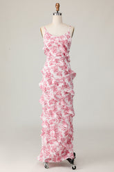 Blush Flower Sheath Ruffled Long Wedding Guest Dress with Slit