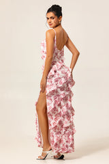 Blush Flower Sheath Ruffled Long Wedding Guest Dress with Slit