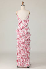 Blush Flower Sheath Ruffled Long Wedding Guest Dress with Slit