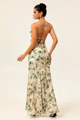 Champagne Floral Mermaid Long Ruched Wedding Guest Dress with Slit