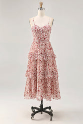Blush Ruched Floral Chiffon Long Wedding Guest Dress with Ruffles