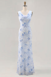 Blue Floral Mermaid Chiffon Long Wedding Guest Dress
