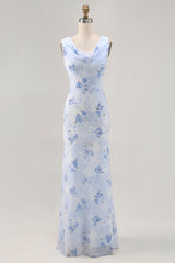 Blue Mermaid Chiffon Floral Long Wedding Guest Dress