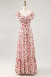 Blush Ruffled Floral Chiffon Long Wedding Guest Dress with Slit