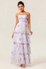 Lavender Floral Strapless Pleated Long Bridesmaid Dress with Ruffles
