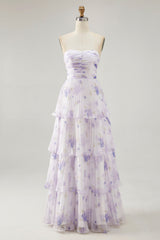 Lavender Floral A Line Long Pleated Bridesmaid Dress with Ruffles
