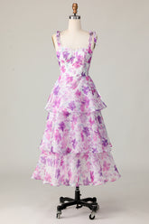 Purple Flower A Line Midi Wedding Guest Dress with Ruffles