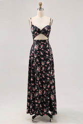 Black Floral Cut Out A Line Long Wedding Guest Dress with Slit