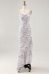 Blue Floral Chiffon Asymmetrical Wedding Guest Dress with Ruffles