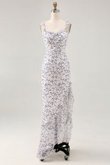 Blue Floral Chiffon Asymmetrical Wedding Guest Dress with Ruffles