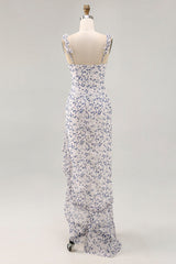 Blue Floral Chiffon Asymmetrical Wedding Guest Dress with Ruffles