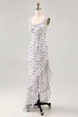Blue Floral Chiffon Asymmetrical Wedding Guest Dress with Ruffles