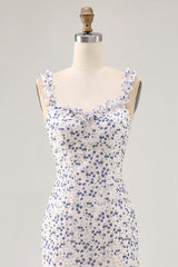 Blue Floral Chiffon Asymmetrical Wedding Guest Dress with Ruffles