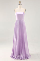 Lilac Strapless Pleated Long A Line Bridesmaid Dress