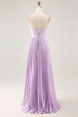 Lilac Strapless A Line Long Bridesmaid Dress with Pleats