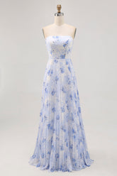 Blue Floral Chiffon Strapless Long Wedding Guest Dress with Pleats