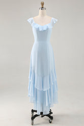 Sky Blue Chiffon Tiered Asymmetrical Bridesmaid Dress with Ruffles