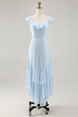 Sky Blue Chiffon Tiered Asymmetrical Bridesmaid Dress with Ruffles