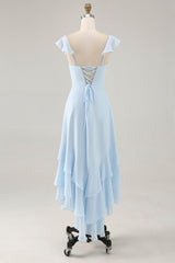 Sky Blue Chiffon Tiered Asymmetrical Bridesmaid Dress with Ruffles