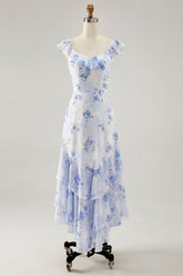 Blue Floral Tiered Chiffon Asymmetrical Wedding Guest Dress with Ruffles