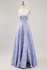 Blue Floral Jacquard Corset Long Wedding Guest Dress with Slit