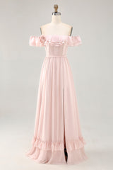 Blush Corset Floral Ruffled Long Bridesmaid Dress with Bow
