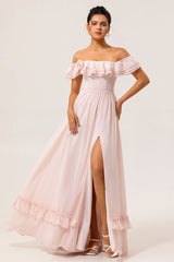 Blush Floral Corset Long Ruffled Bridesmaid Dress with Bow