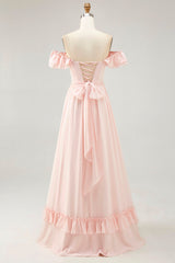 Blush Floral Corset Long Ruffled Bridesmaid Dress with Bow