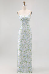 White Sage Floral Sheath Long Bridesmaid Dress with Pockets