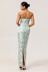 White Sage Floral Sheath Long Bridesmaid Dress with Pockets