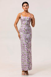 Purple Floral Spaghetti Straps Sheath Long Bridesmaid Dress with Slit