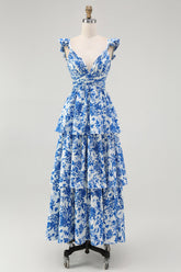 Blue V-Neck Tiered Floral Long Bridesmaid Dress with Ruffles