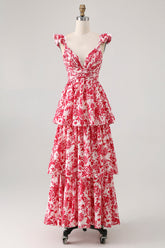 Red Floral V-Neck Tiered Long Bridesmaid Dress with Ruffles