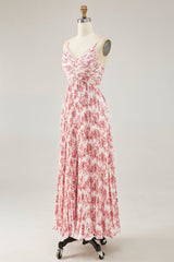 Blush Floral Pleated Chiffon A Line Long Wedding Guest Dress with Bow
