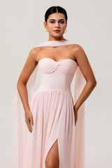 Blush Chiffon Corset Neck Scarf Long Bridesmaid Dress with Slit