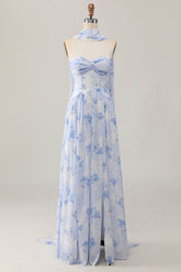 Blue Floral Corset Neck Scarf Long Wedding Guest Dress with Slit