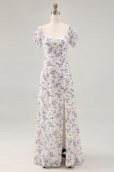 Blue Floral Chiffon Square Neck Long Wedding Guest Dress with Slit