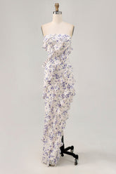 Blue Floral Strapless Ruffled Asymmetrical Wedding Guest Dress with Slit