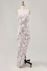 Blue Floral Strapless Ruffled Asymmetrical Wedding Guest Dress with Slit