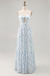 Blue Floral Ruched Chiffon Long Wedding Guest Dress with Keyhole