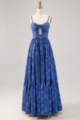 Blue Floral Jacquard Long Ruched Wedding Guest Dress with Keyhole