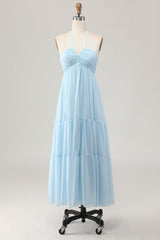 Sky Blue Halter Ruched Chiffon Long Wedding Guest Dress with Bow