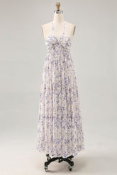 Blue Floral Chiffon Halter Ruched Long Wedding Guest Dress with Bow