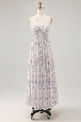 Blue Floral Chiffon Halter Ruched Long Wedding Guest Dress with Bow