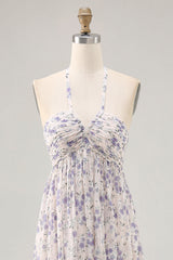 Blue Floral Chiffon Halter Ruched Long Wedding Guest Dress with Bow