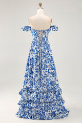 Blue Floral Corset Chiffon Ruffled Long Wedding Guest Dress with Slit