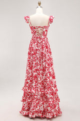 Red Floral Chiffon Corset Ruffled Long Wedding Guest Dress with Slit
